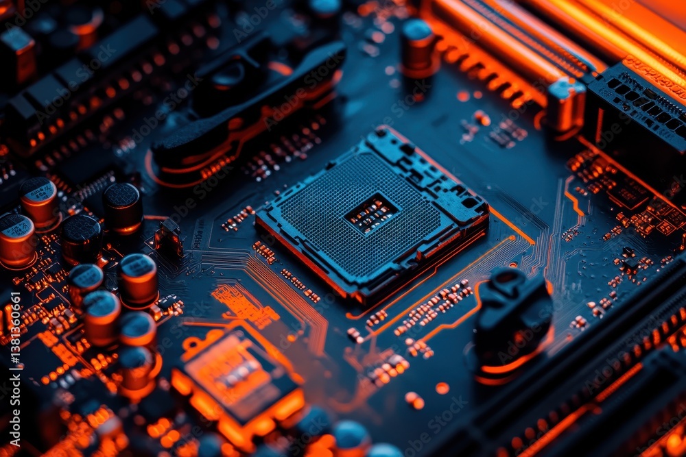 Poster digital motherboard chip glowing in darkness with intricate circuit patterns and components surround