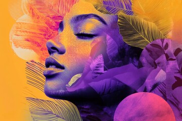 Abstract portrait of a woman's face blended with vibrant purple and orange leaves.