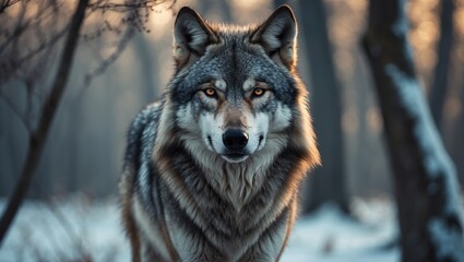 Naklejka premium Grey Wolf Beside Birch Tree - captive animal