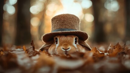 Obraz premium A delightful rabbit dons a cozy felt hat, peeking through a pile of golden autumn leaves, embodying warmth and charm in this beautiful outdoor setting.