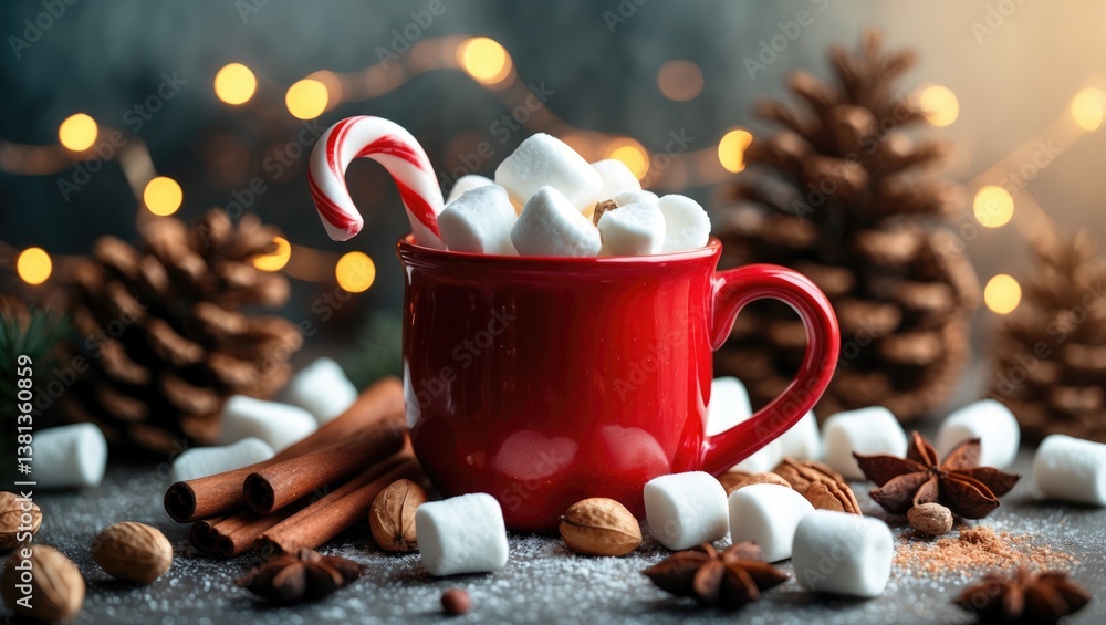 Poster hot beverage featuring marshmallows and a candy cane in a red mug. pine cones and spices in the back