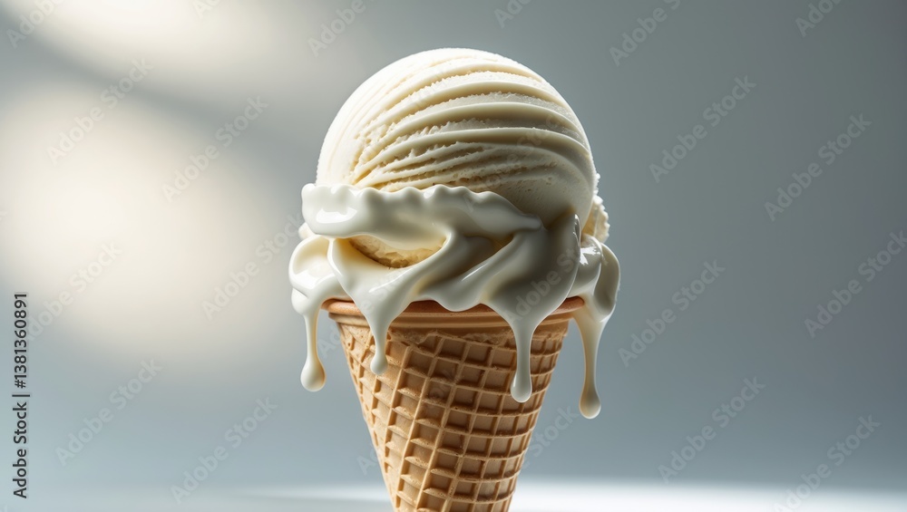 Poster ice cream dripping from cone against a plain background