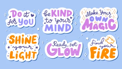 Fotobehang Positive Typography Set of stickers with hand lettering phrases on self-care theme. Flat vector illustration with inspirational clip art quotes. Design elements for stationary, print, or social media.  © Seja_aka_Lita