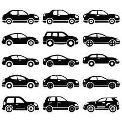 Car Icons Set, Automobile Glyph Collection, Black Cars Silhouette 
