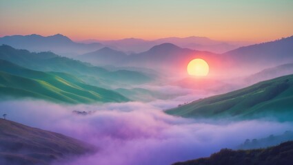 Obraz premium Misty summer sunrise in the mountains