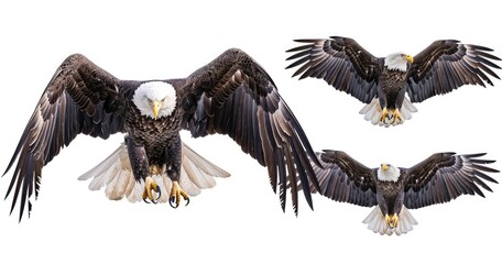 3 different realistic bald eagle images on a white background, flying and sitting in flight positions, looking at the camera, head closeups