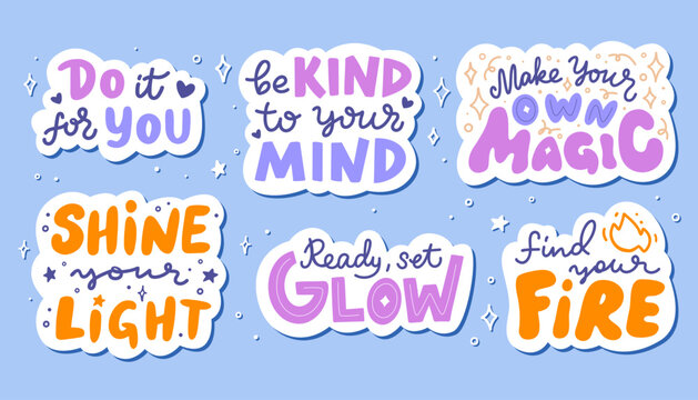 Set of stickers with hand lettering phrases on self-care theme. Flat vector illustration with inspirational clip art quotes. Design elements for stationary, print, or social media.