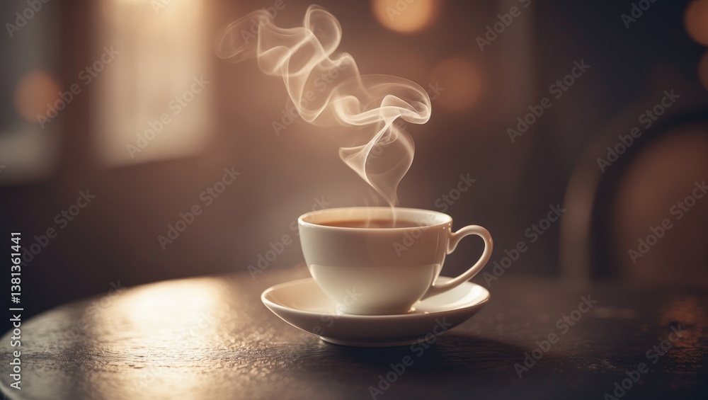Poster hot coffee on the table with a backdrop.