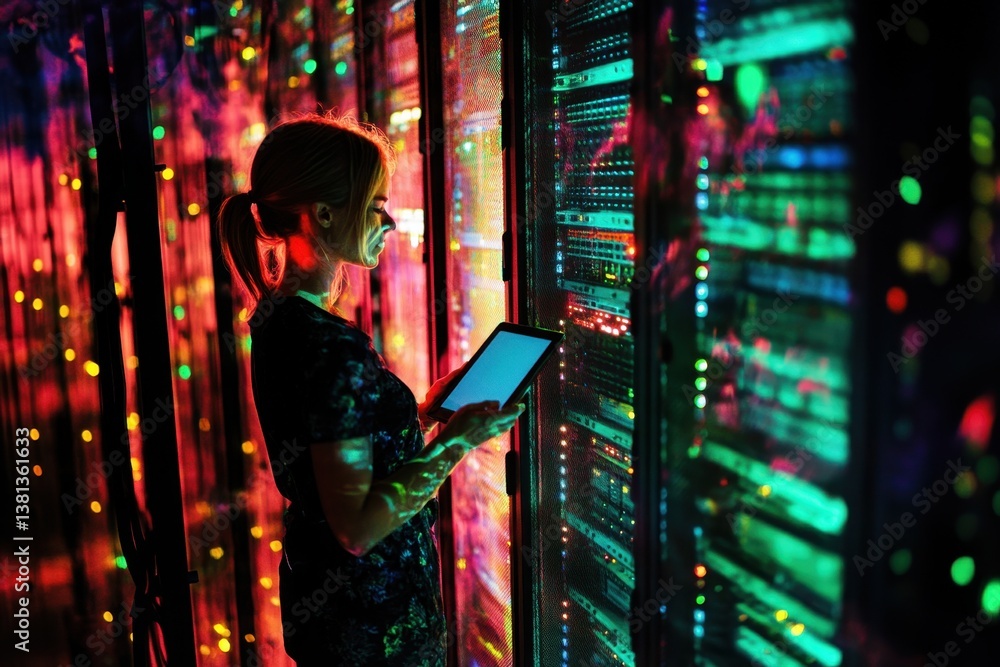 Poster caucasian female worker engaged in data processing inside a vibrant server room with colorful lighti