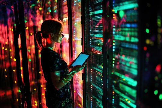 Caucasian female worker engaged in data processing inside a vibrant server room with colorful lighting, data processing over caucasian female worker using tablet in server room