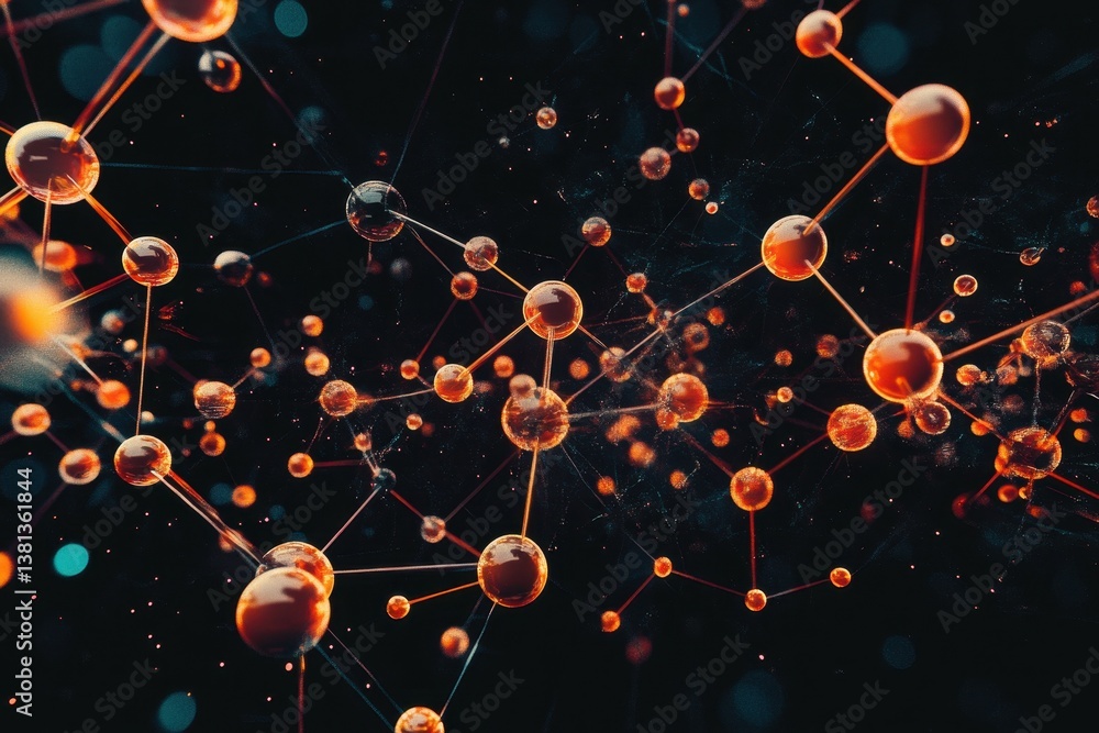 Poster data processing with interconnected molecules against a black backdrop highlighting scientific analy