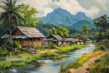 Serene river flowing past simple houses bordered by lush greenery and distant mountains during the day, river flow and simple houses