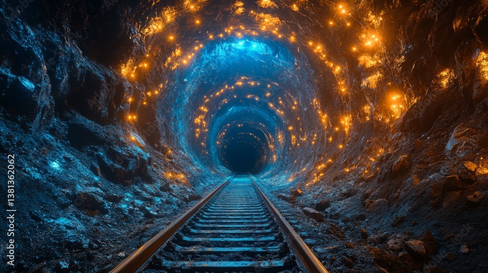 Poster A long tunnel is visible, lined with metallic rails leading deeper into the earth. The walls of the tunnel are illuminated with a soft glow, revealing intricate textures and colors as mining operates.