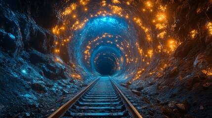 A long tunnel is visible, lined with metallic rails leading deeper into the earth. The walls of the tunnel are illuminated with a soft glow, revealing intricate textures and colors as mining operates.