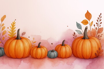 Watercolor illustration of pumpkins with autumn leaves on a pink background