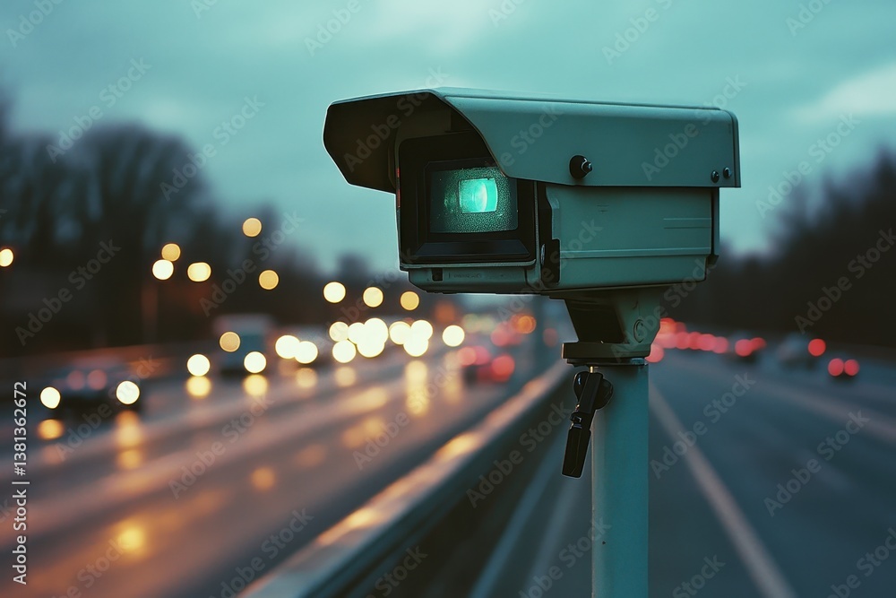 Poster speed camera monitoring traffic on a busy highway during twilight hours, speed camera on the highway