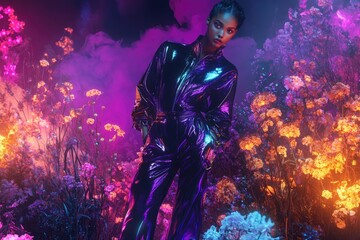 Obraz premium A woman in a shimmering jumpsuit stands amidst a vibrant, neon-lit floral landscape.