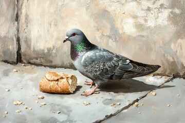 Pigeon pecking at discarded bread crumbs on a city pavement during daylight hours, Pigeon with Bread on Pavement