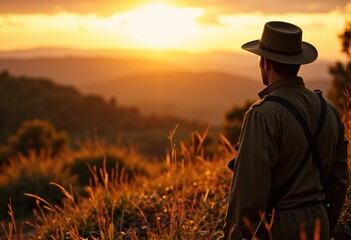 Fototapeta premium A man in a hat gazes at a stunning sunset over rolling hills