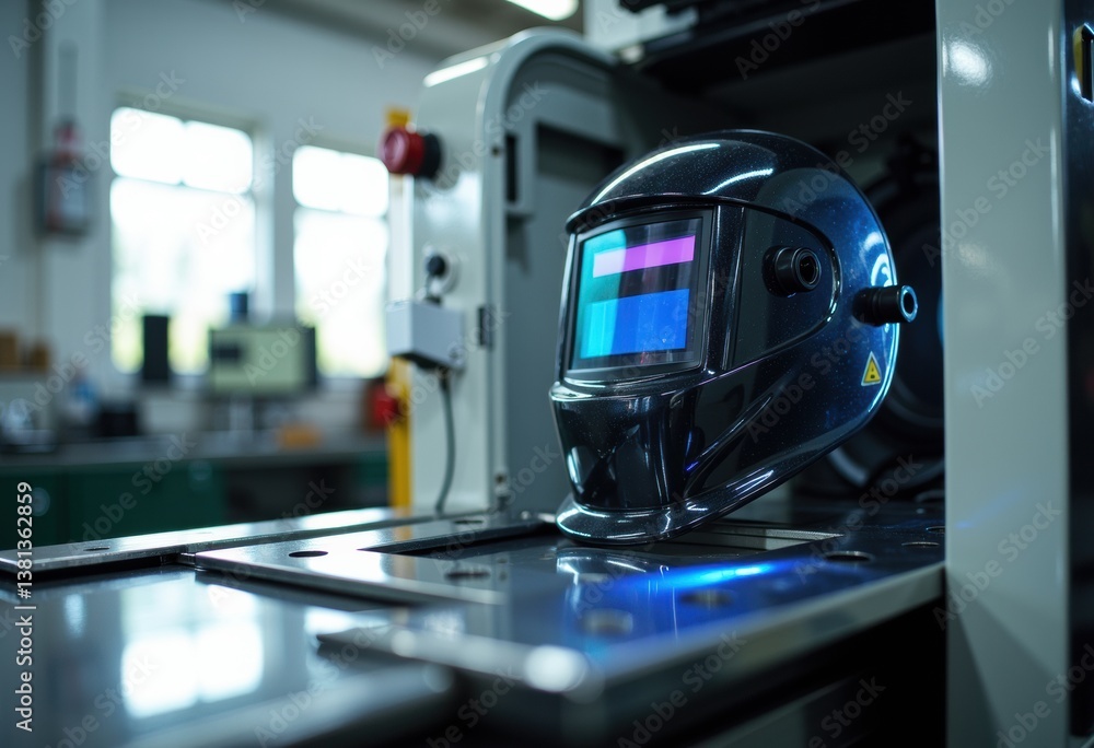 Poster welding helmet placed on a machine in a workshop environment
