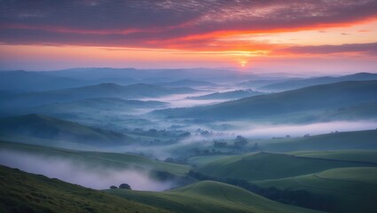 Morning panoramic view of a beautiful sky at sunset from a highland near a village.