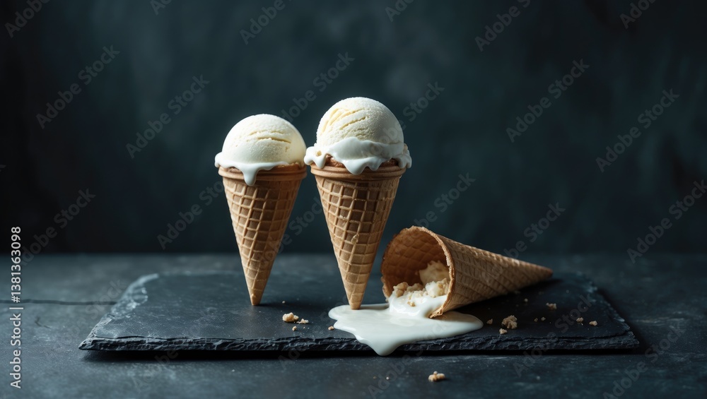 Poster ice cream scoops placed in wafer cones on a textured surface, viewed from above. space available for