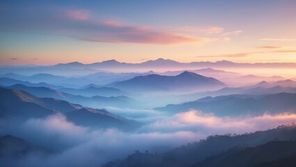 Fototapeta premium Mountain range with visible outlines through the colorful morning fog. Serene evening landscape in the mountains at sunset. Photo wallpaper. Natural backdrop. Panorama.