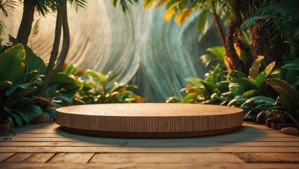 Cosmetics product display stand. Wooden exhibition podium in a backdrop featuring palm leaves and shadows. Vacant pedestal for showcasing product packaging. Mockup