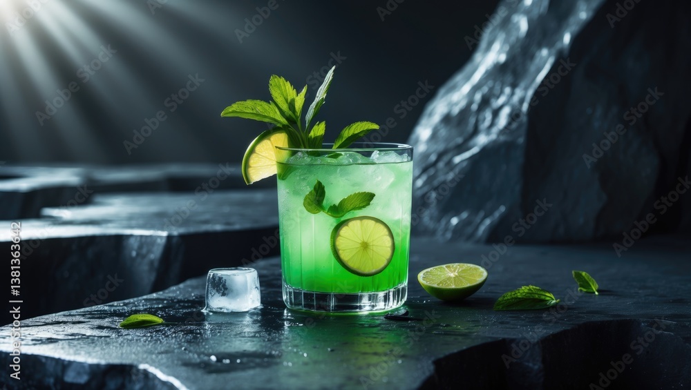 Poster mojito cocktail displayed on a table. overhead view with space for your text.