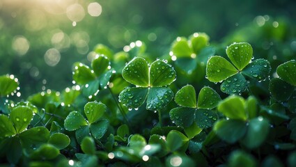 Morning dew gathers on vibrant green clover leaves, creating a peaceful and refreshing ambiance.