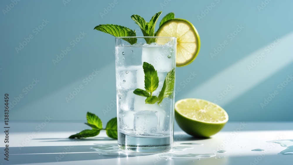 Poster ice and mojito in a glass are placed on the table, casting a strong shadow.