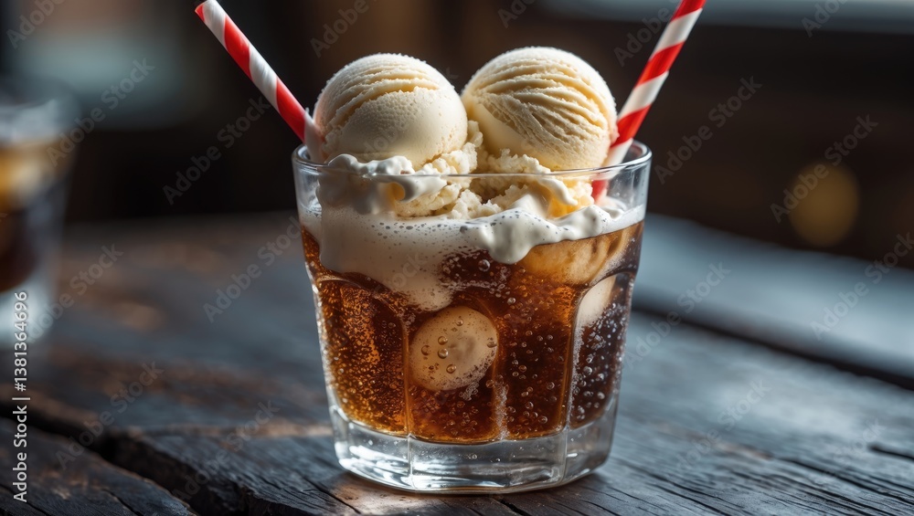 Poster homemade soda ice cream float served with a straw