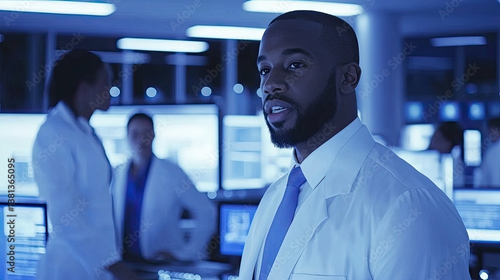 Poster a diverse office environment showcases a motivated white male it programmer working on a desktop com