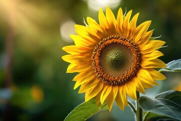 Obraz premium A vibrant sunflower basks in sunlight, its golden petals radiating warmth and beauty against a soft green background.