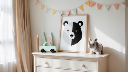 Modern newborn baby room featuring a mock-up poster frame, wooden toy, plush rhino, accessories, and clouds. Hanging cotton flags create a minimalistic and cozy child room decor.