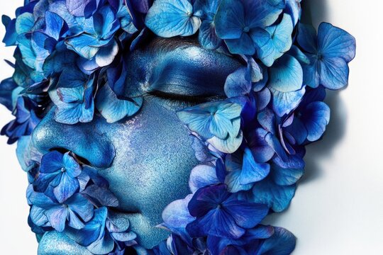 A face adorned with vibrant blue hydrangea petals, creating a surreal, floral mask.