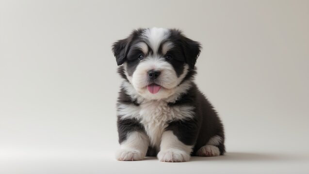 Young adult Old English sheepdog sitting and looking at the camera, isolated against a background.