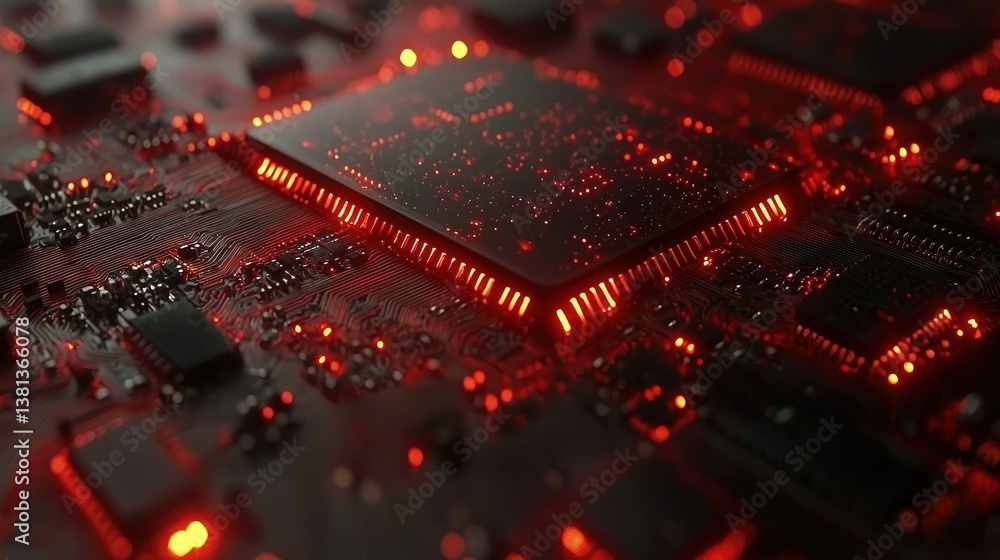 Poster close-up of a glowing red circuit board with a central processor unit