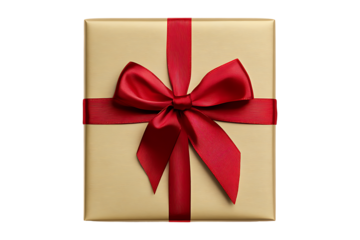 golden gift box with red ribbon bow isolated on white or transparent background.