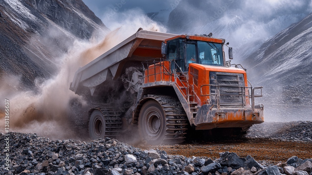 Poster large dump truck engaged in intensive excavation of minerals in a remote quarry location, surrounded