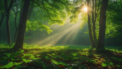 Obraz premium Natural green beech forest illuminated by morning light, as sunlight filters through the mist of dawn.