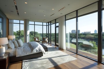 A spacious penthouse bedroom with floor-to-ceiling windows overlooking a city park, featuring a comfortable bed and modern decor.