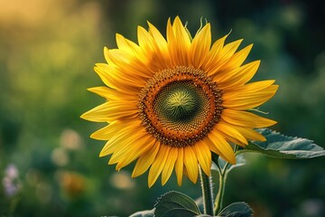 A vibrant sunflower blooms, bathed in golden sunlight, against a blurred green background.