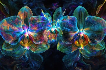 Two iridescent orchids glow with vibrant, otherworldly colors against a dark, smoky background.