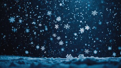 Obraz premium Natural snow particles suspended in the air. Dark blue transitioning to black background. High-quality photograph.