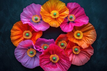 A vibrant circle of colorful poppies arranged on a dark background, showcasing their intricate details.