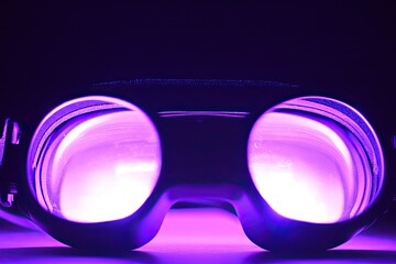 On a table, a 3D 360 VR headset glows under futuristic purple neon lights, showcasing its sleek lenses and design. This close-up view represents cutting-edge virtual and augmented reality technology