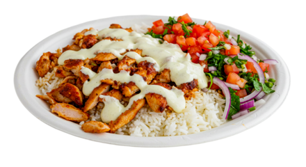 A plate of chicken shawarma over rice with a white sauce and a side of tomato and onion salad dish