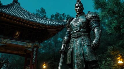 Ancient Warrior in Armor Holding a Sword Historical Figure Statue Traditional Culture Mythic