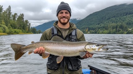 Fisherman holding large salmon on river in british columbia